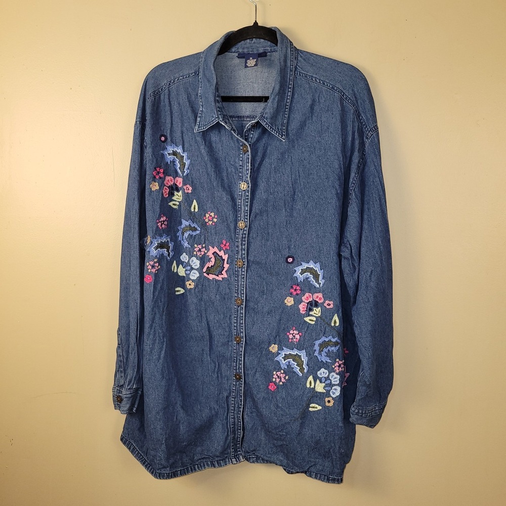 CST Blues Denim Long Sleeve Button Up Down Shirt Women 2X Embroidered